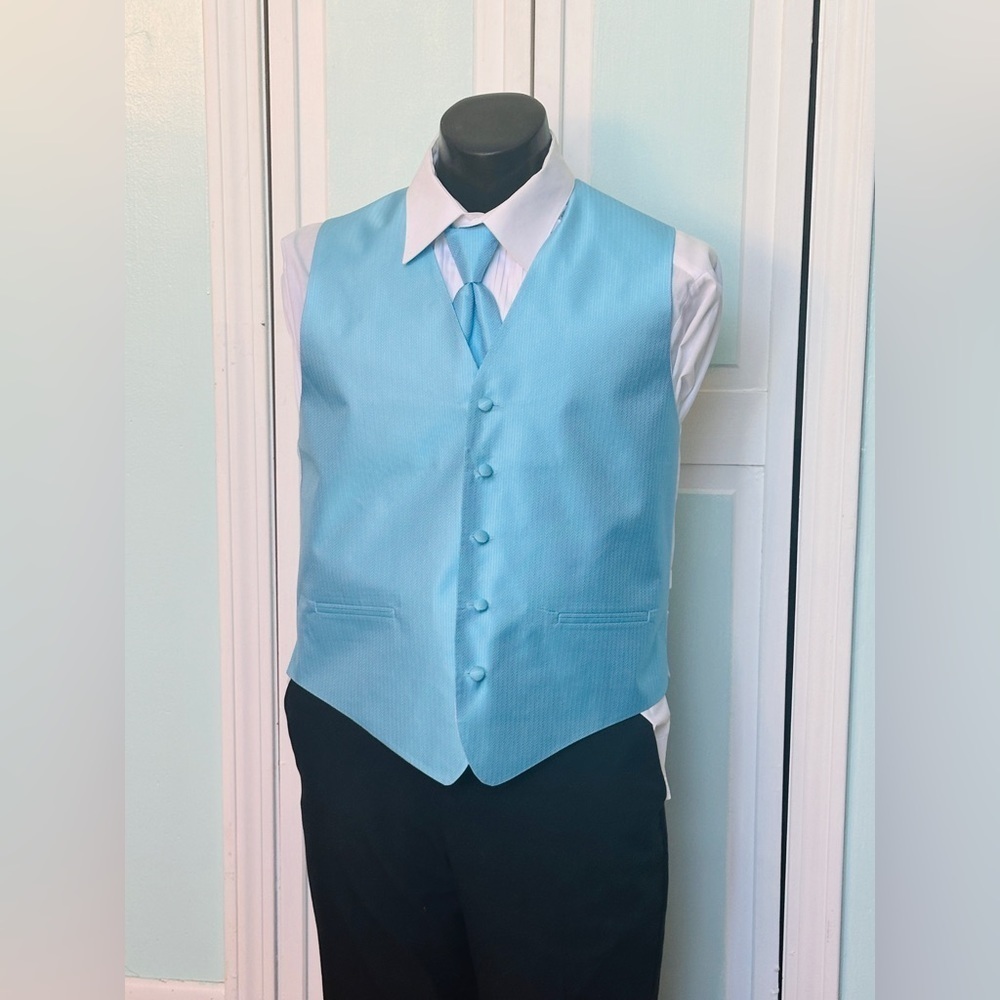 Blue Ice Frozen Herringbone Closed Back Vest Wedding Prom Men’s M Medium Tie